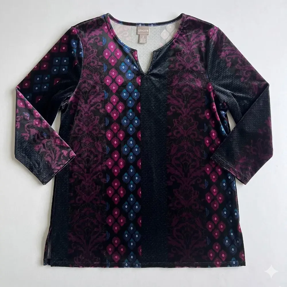 Chicos Womens L Whimsigoth Artsy Boho Eclectic Velvet Split V-Neck Tunic Top